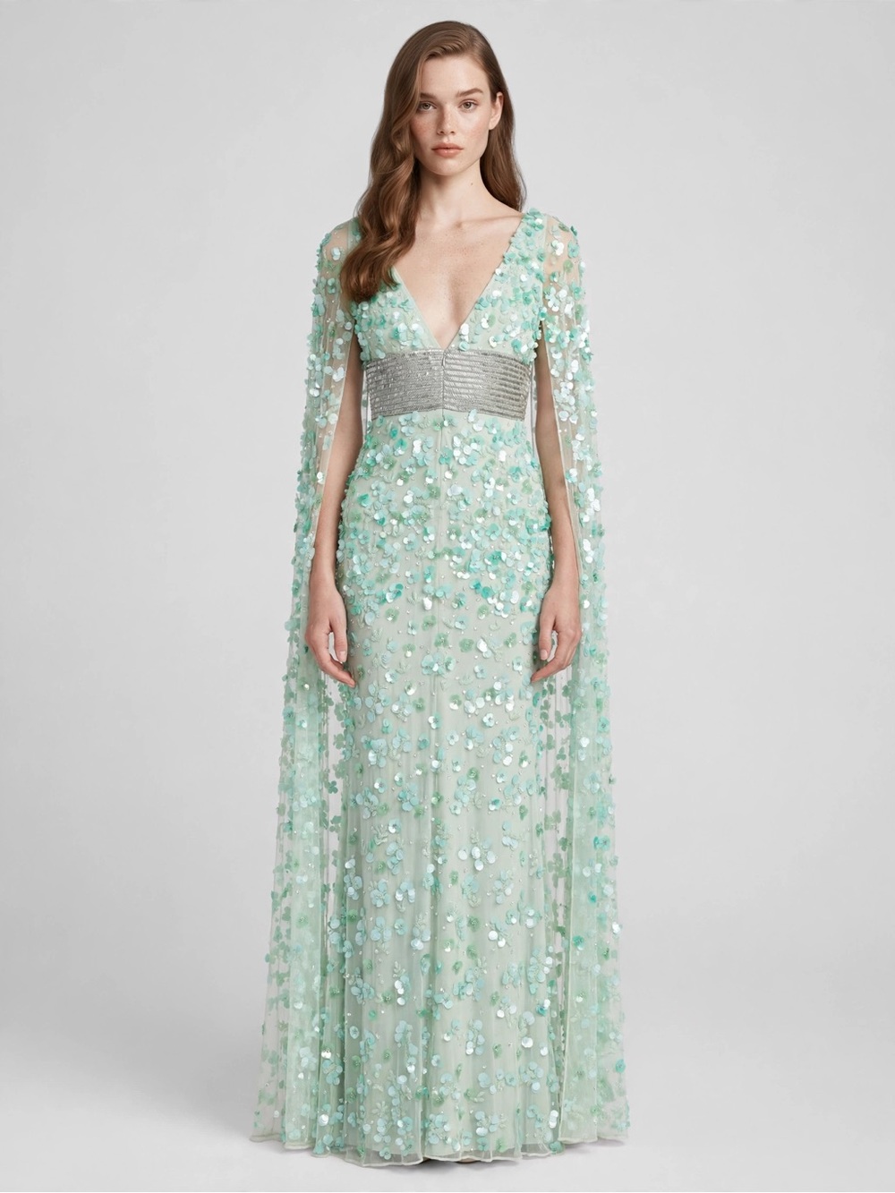 NWT Mac Duggal 94116 Mint Floral Sequin Cape Gown One of a Kind Size 2